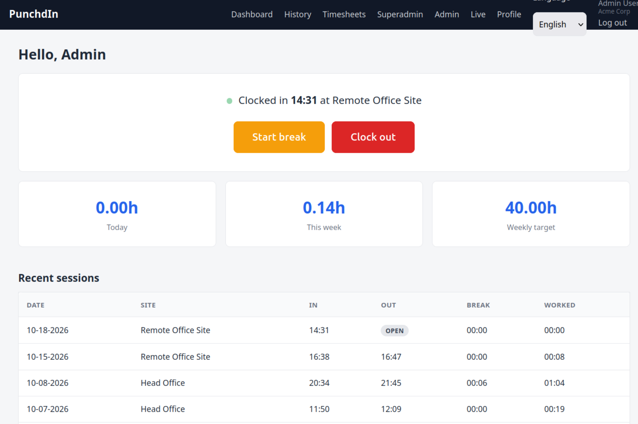 PunchdIn dashboard